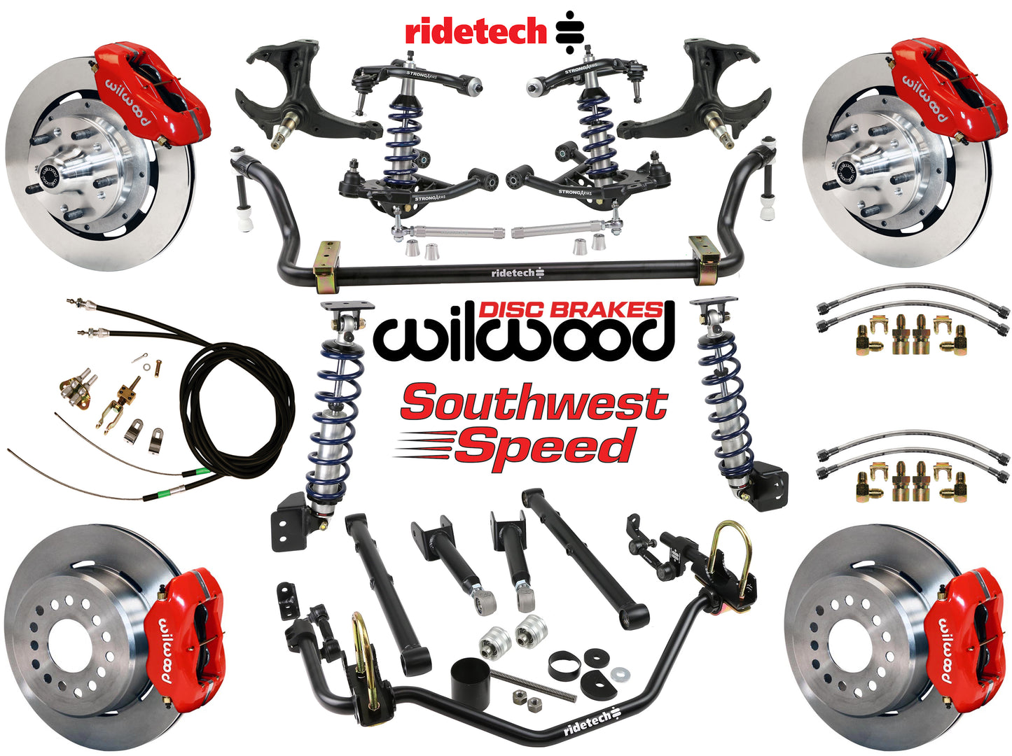 COILOVER SYSTEM,ARMS,BARS,WILWOOD 12" BRAKES,RED CALIPERS,78-88 GM G-BODY