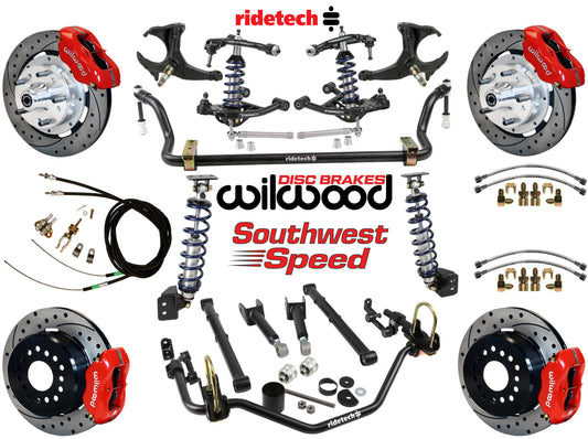 COILOVER SYSTEM,ARMS,BARS,WILWOOD 12" DRLD BRAKES,RED CALIPERS,78-88 GM G-BODY