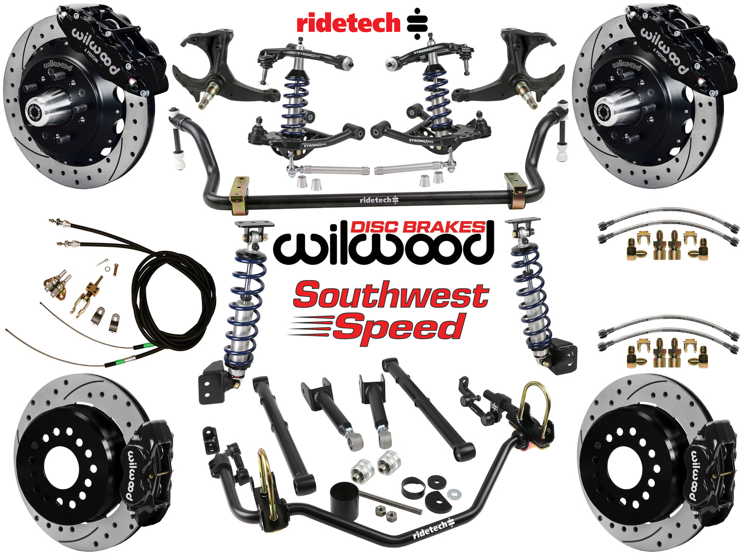 COILOVER SYSTEM,ARMS,BARS,WILWOOD 13"/12" DRILLED BRAKES,BLACK CALIPERS,78-88 G