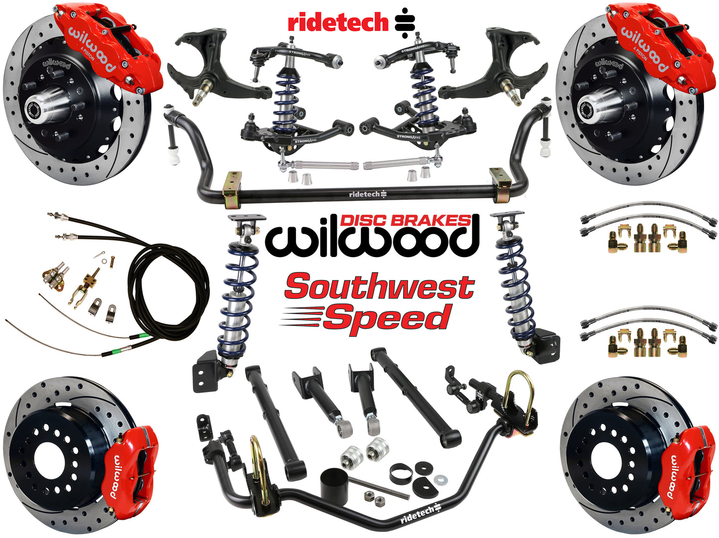 COILOVER SYSTEM,ARMS,BARS,WILWOOD 13"/12" DRILLED BRAKES,RED CALIPERS,78-88 G