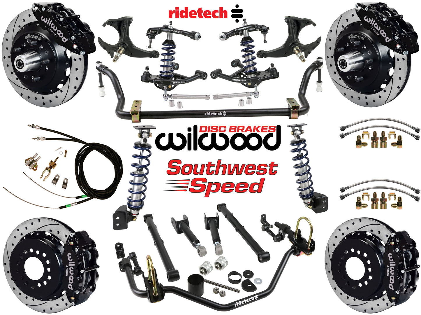 COILOVER SYSTEM,ARMS,BARS,WILWOOD 13" DRLD BRAKES,BLACK CALIPERS,78-88 GM G-BODY