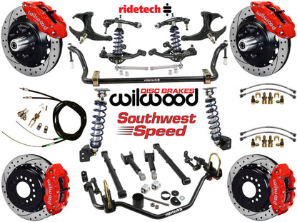 COILOVER SYSTEM,ARMS,BARS,WILWOOD 13" DRLD BRAKES,RED CALIPERS,78-88 GM G-BODY