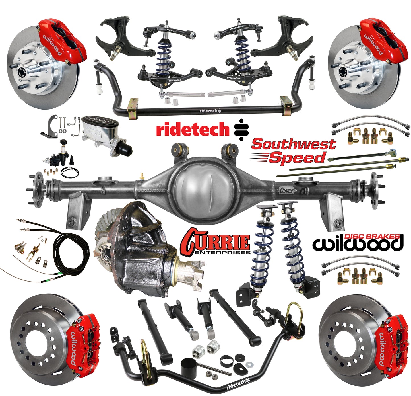 COILOVER SYSTEM,CURRIE REAR END,WILWOOD 11" BRAKES,RED CALIPERS,78-88 GM G-BODY