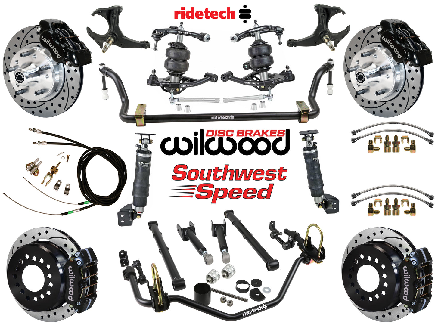 AIR RIDE SYSTEM,ARMS,BARS,WILWOOD 11" DRLD BRAKES,BLACK CALIPERS,78-88 GM G-BODY
