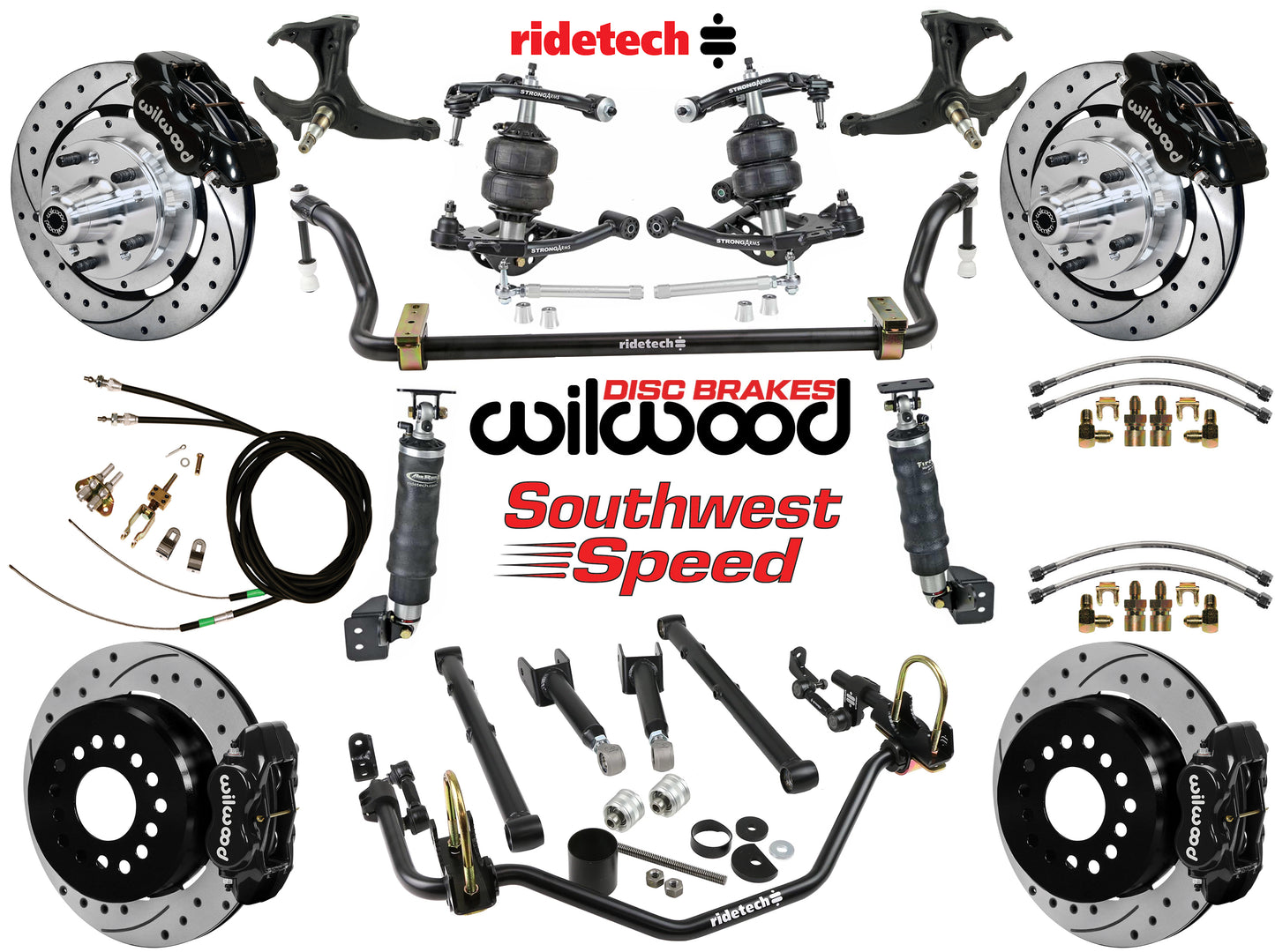 AIR RIDE SYSTEM,ARMS,BARS,WILWOOD 12" DRLD BRAKES,BLACK CALIPERS,78-88 GM G-BODY