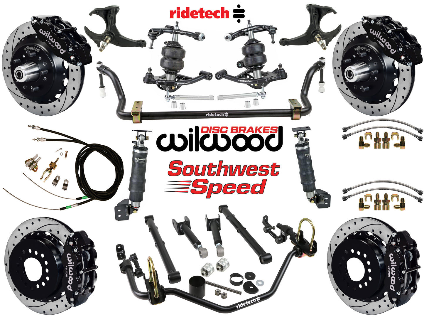 AIR RIDE SYSTEM,ARMS,BARS,WILWOOD 13" DRLD BRAKES,BLACK CALIPERS,78-88 GM G-BODY