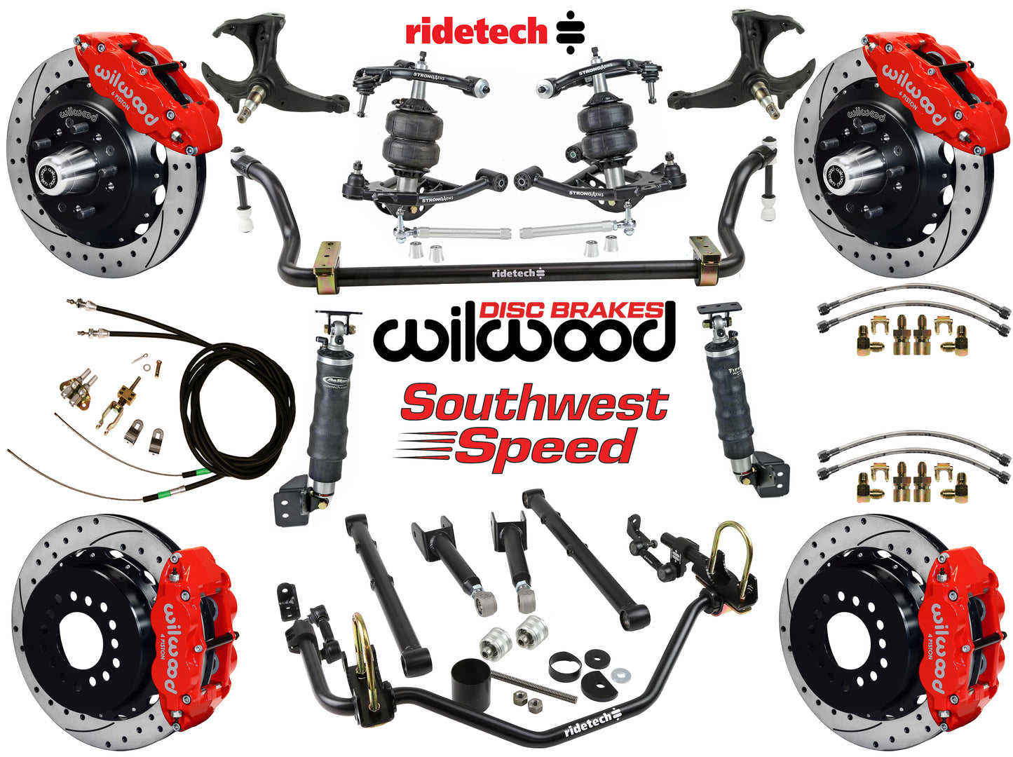 AIR RIDE SYSTEM,ARMS,BARS,WILWOOD 13" DRLD BRAKES,RED CALIPERS,78-88 GM G-BODY