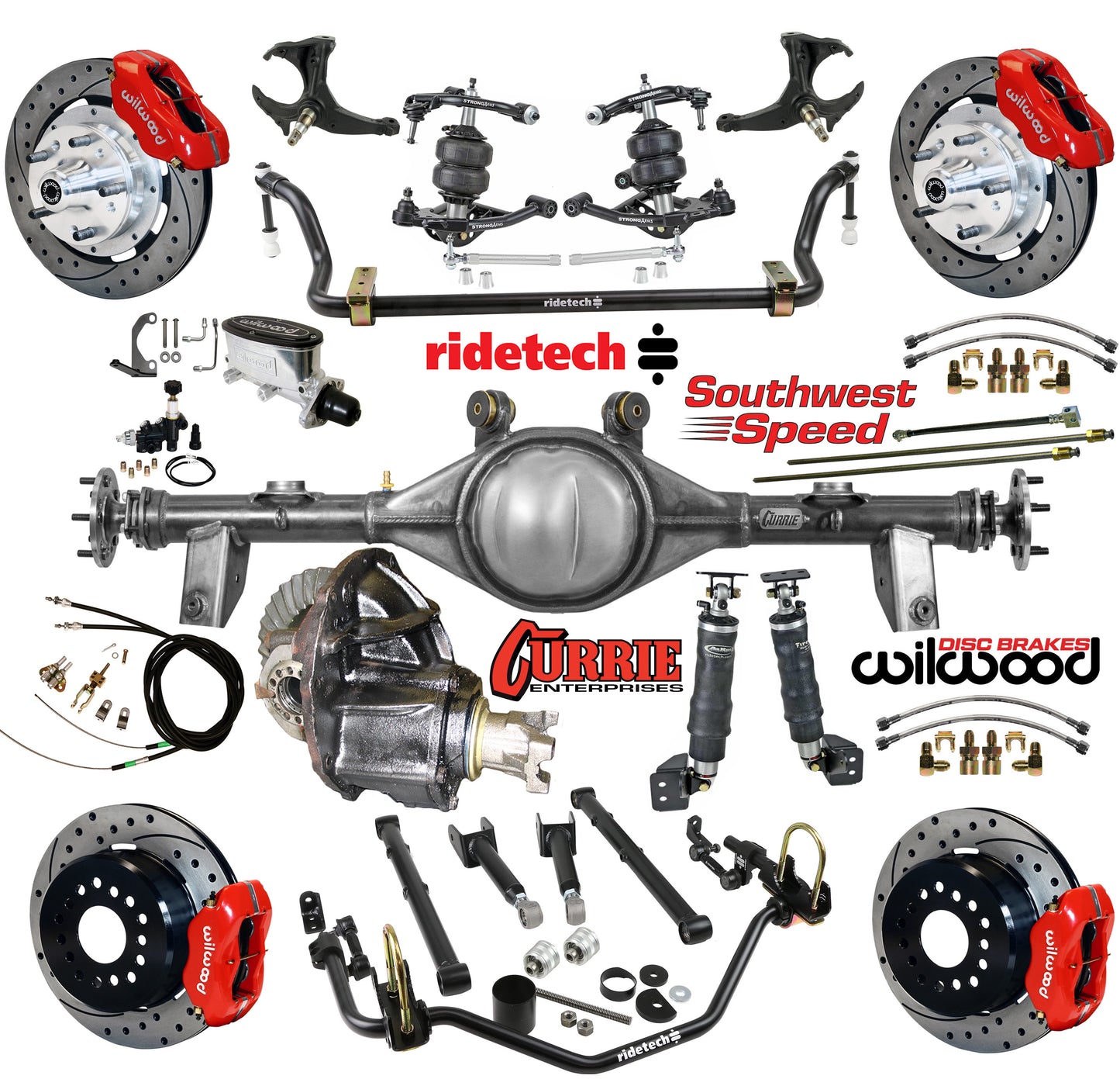 AIR RIDE SYSTEM,CURRIE REAR END,WILWOOD 12" DRILLED,RED,78-88 GM G-BODY
