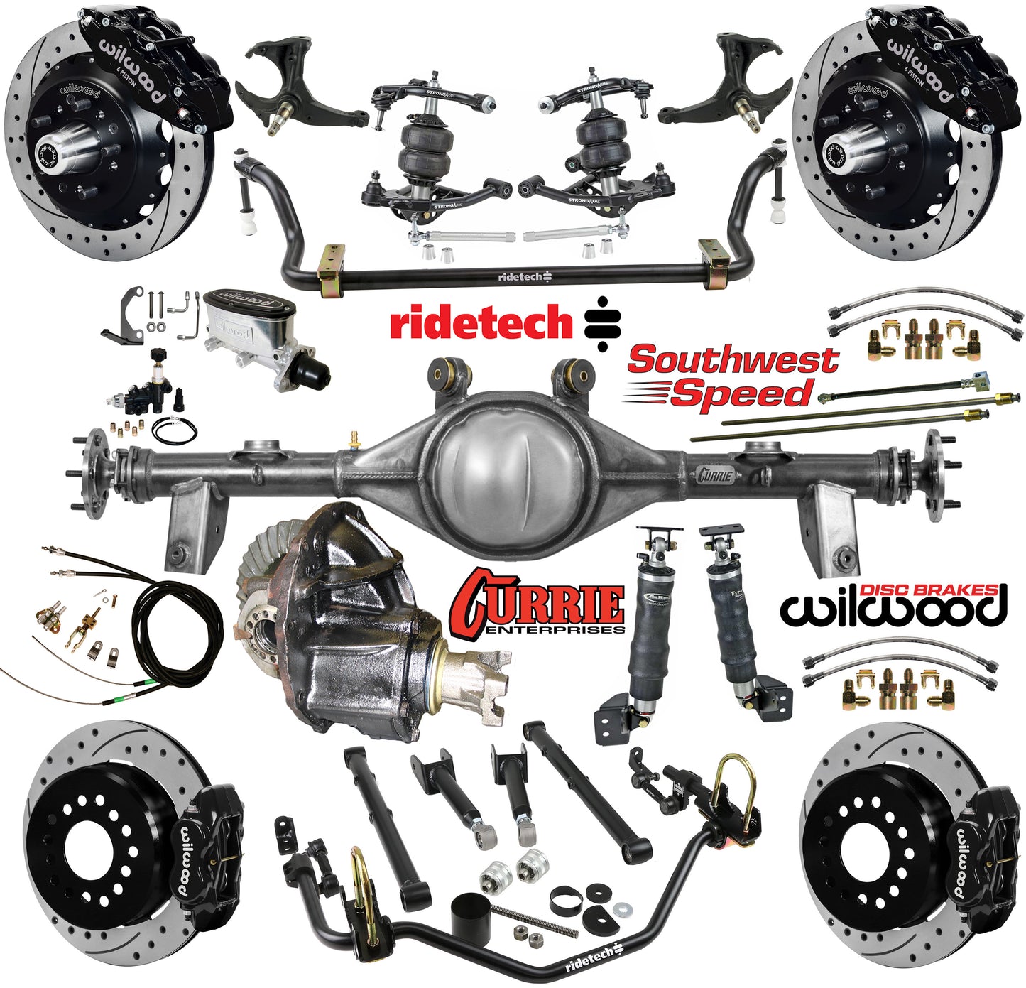 AIR RIDE SYSTEM,CURRIE REAR END,WILWOOD 13"/12" DRILLED,BLACK,78-88 GM G-BODY