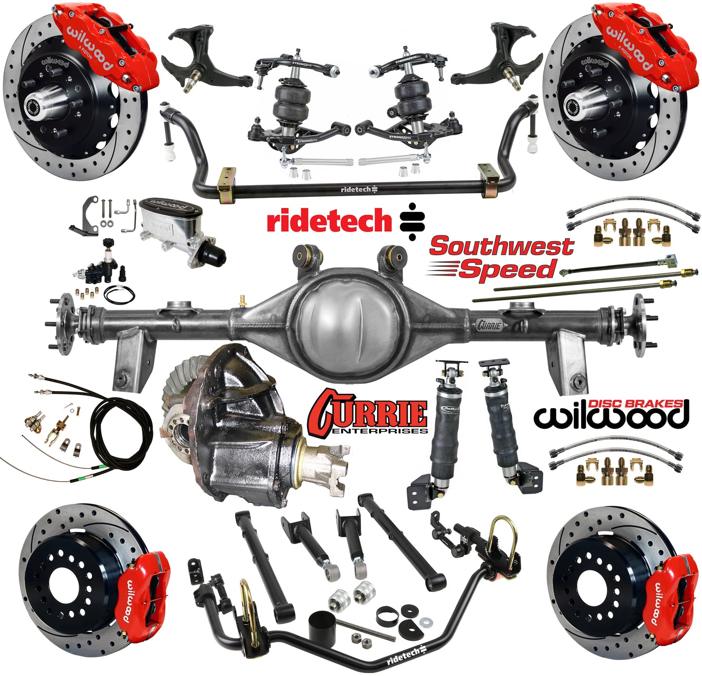 AIR RIDE SYSTEM,CURRIE REAR END,WILWOOD 13"/12" DRILLED,RED,78-88 GM G-BODY