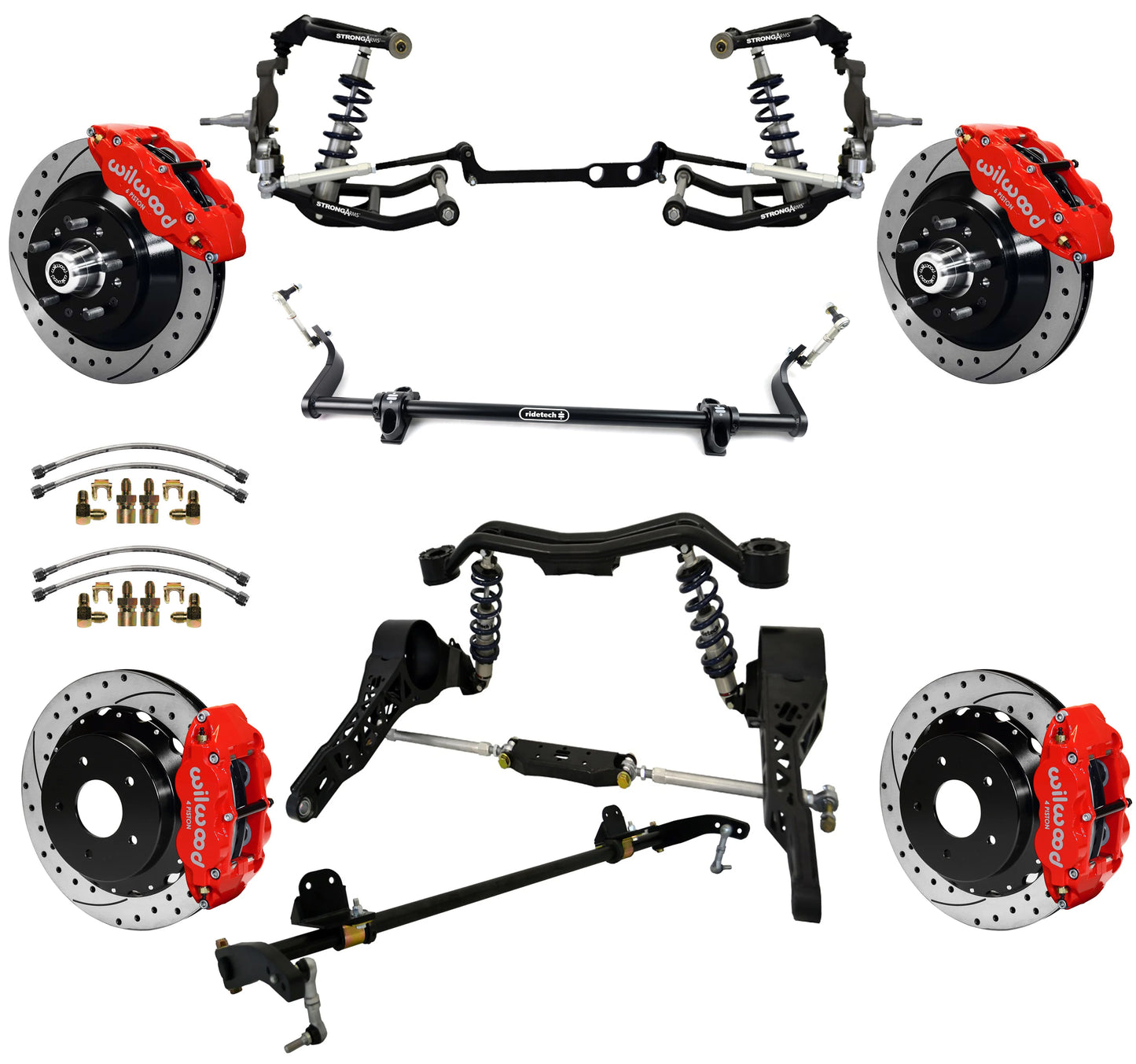 COILOVER SYSTEM W/REAR BAR,WILWOOD 13" DRILLED,RED,65-79 CORVETTE