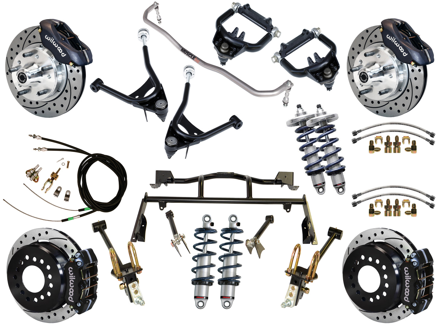 COILOVER & 4-LINK SYSTEM,ARMS,WILWOOD 11" DRILLED BRAKES,BLACK CALIPERS,67-70
