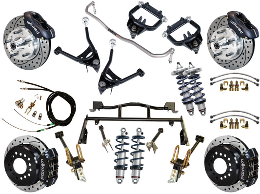 COILOVER & 4-LINK SYSTEM,ARMS,WILWOOD 11" DRILLED BRAKES,BLACK CALIPERS,67-70