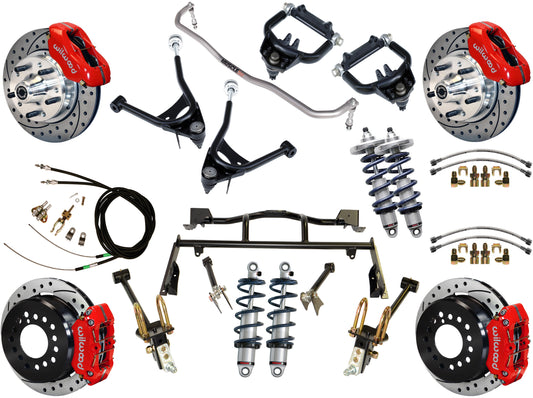 COILOVER & 4-LINK SYSTEM,ARMS,WILWOOD 11" DRILLED BRAKES,RED CALIPERS,67-70 FORD