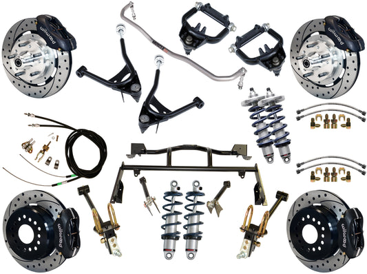 COILOVER & 4-LINK SYSTEM,ARMS,WILWOOD 12" DRILLED BRAKES,BLACK CALIPERS,67-70