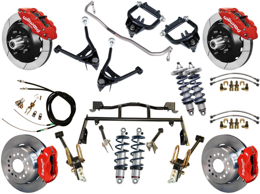 COILOVER & 4-LINK SYSTEM,ARMS,WILWOOD 13/12" BRAKES,RED CALIPERS,67-70 MUSTANG