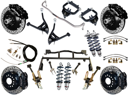 COILOVER & 4-LINK SYSTEM,ARMS,WILWOOD 13/12" DRILLED BRAKES,BLACK CALIPERS,67-70