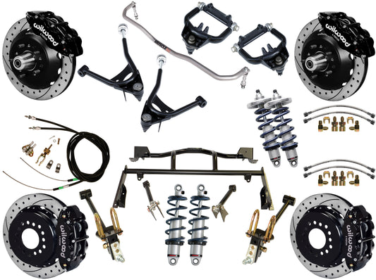 COILOVER & 4-LINK SYSTEM,ARMS,WILWOOD 13" DRILLED BRAKES,BLACK CALIPERS,67-70