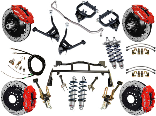COILOVER & 4-LINK SYSTEM,ARMS,WILWOOD 13" DRILLED BRAKES,RED CALIPERS,67-70 FORD