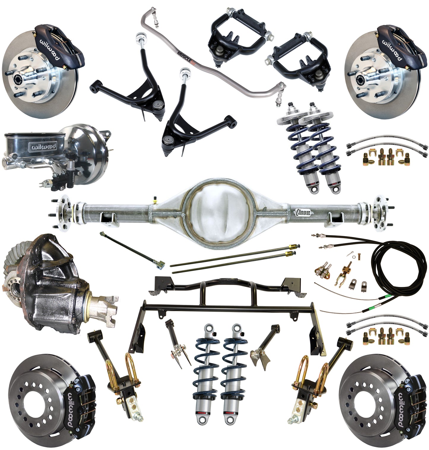 COILOVER & 4-LINK SYSTEM,CURRIE REAR END,WILWOOD 11" BRAKES,BLACK,67-70 MUSTANG