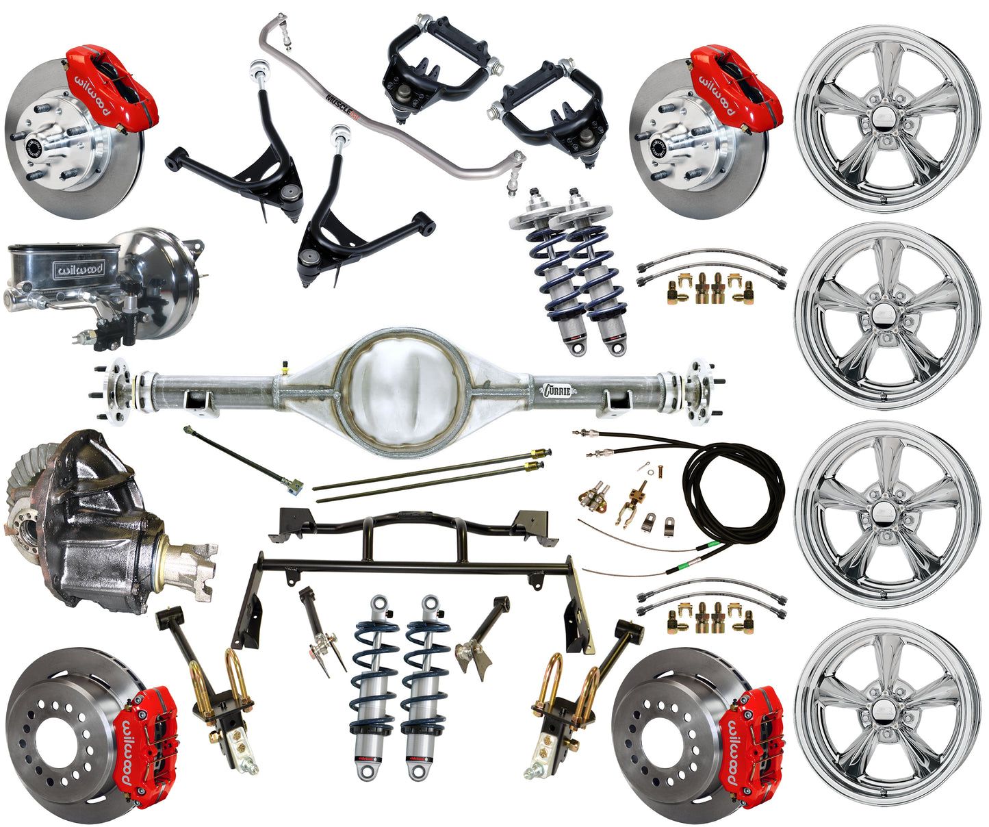 COILOVER & 4-LINK SYSTEM,CURRIE REAR END,WILWOOD 11" BRAKES,RED,BSI WHEELS