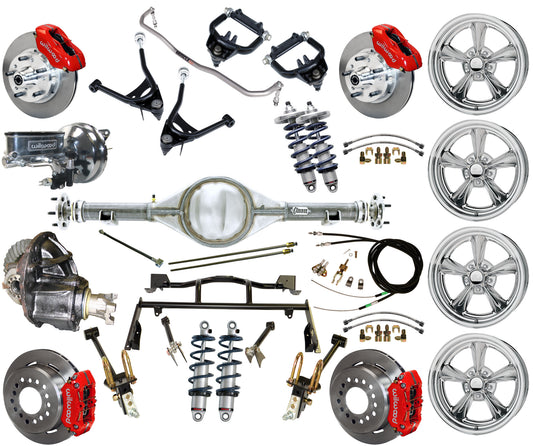 COILOVER & 4-LINK SYSTEM,CURRIE REAR END,WILWOOD 11" BRAKES,RED,BSI WHEELS
