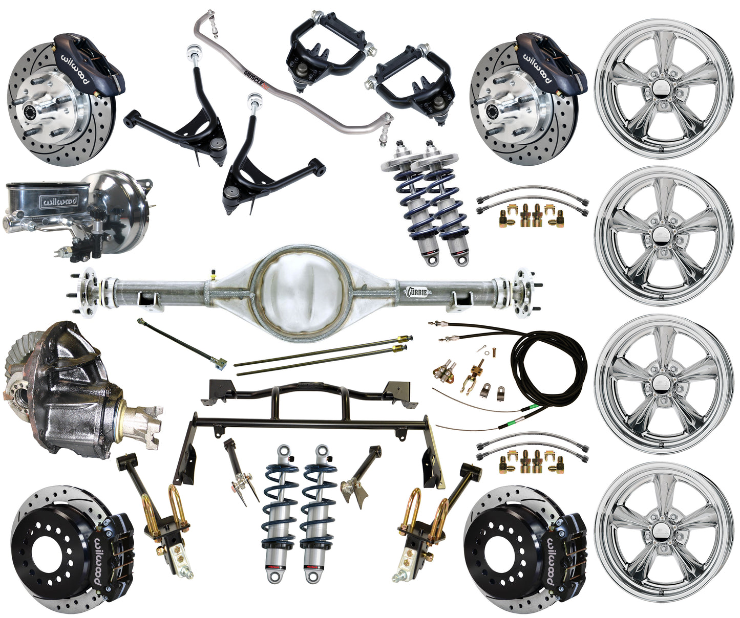 COILOVER & 4-LINK SYSTEM,CURRIE REAR END,WILWOOD 11" DRILLED,BLACK,BSI WHEELS