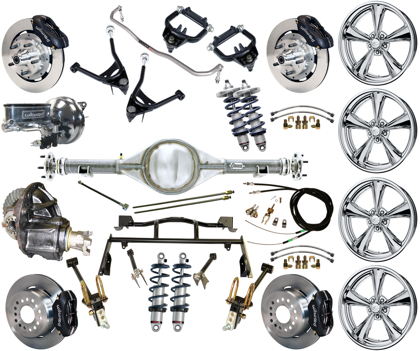 COILOVER & 4-LINK SYSTEM,CURRIE REAR END,WILWOOD 12" BRAKES,BLACK,BSI WHEELS