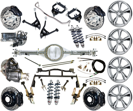 COILOVER & 4-LINK SYSTEM,CURRIE REAR END,WILWOOD 12" DRILLED,BLACK,BSI WHEELS