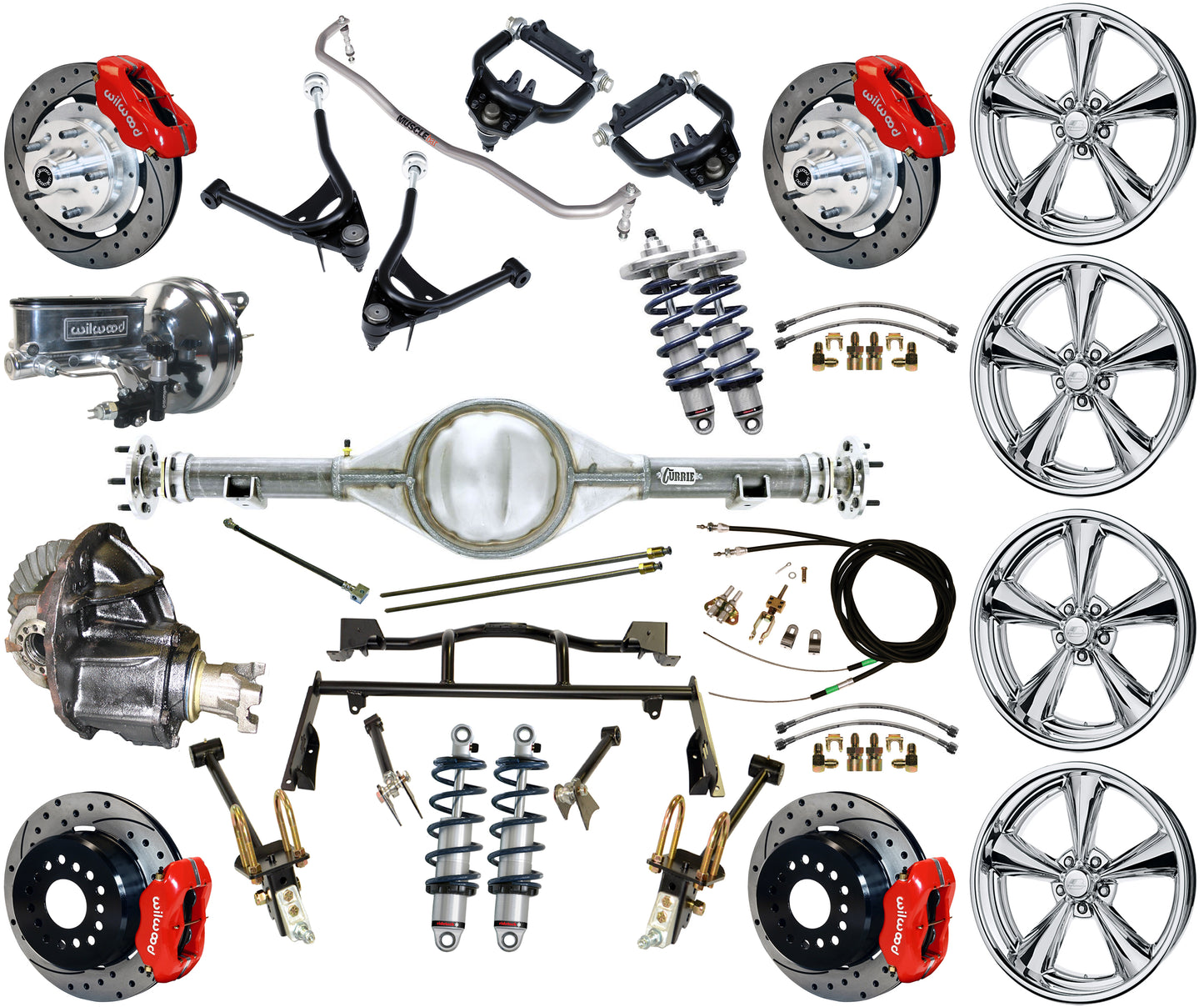 COILOVER & 4-LINK SYSTEM,CURRIE REAR END,WILWOOD 12" DRILLED,RED,BSI WHEELS