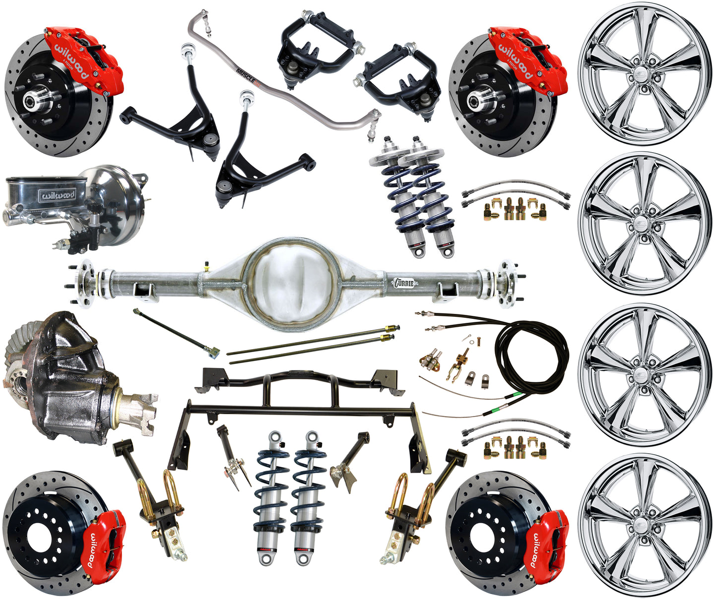 COILOVER & 4-LINK SYSTEM,CURRIE REAR END,WILWOOD 13"/12" DRILLED,RED,BSI WHEELS