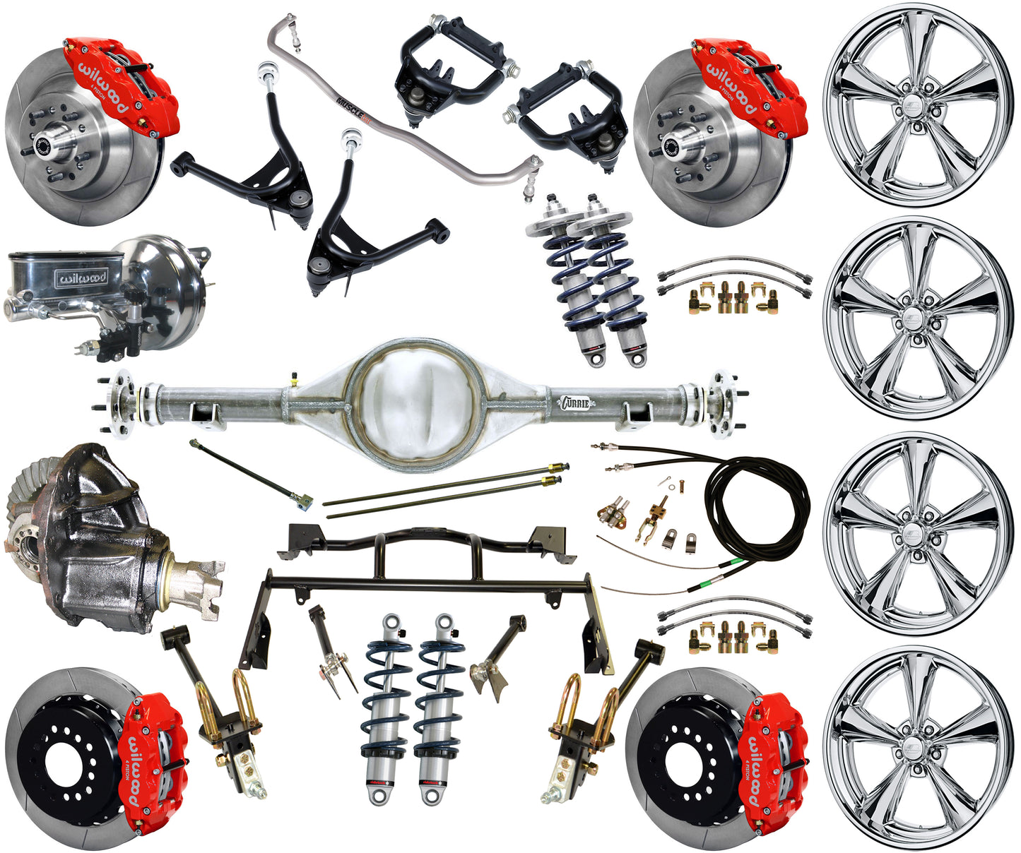 COILOVER & 4-LINK SYSTEM,CURRIE REAR END,WILWOOD 13" BRAKES,RED,BSI WHEELS