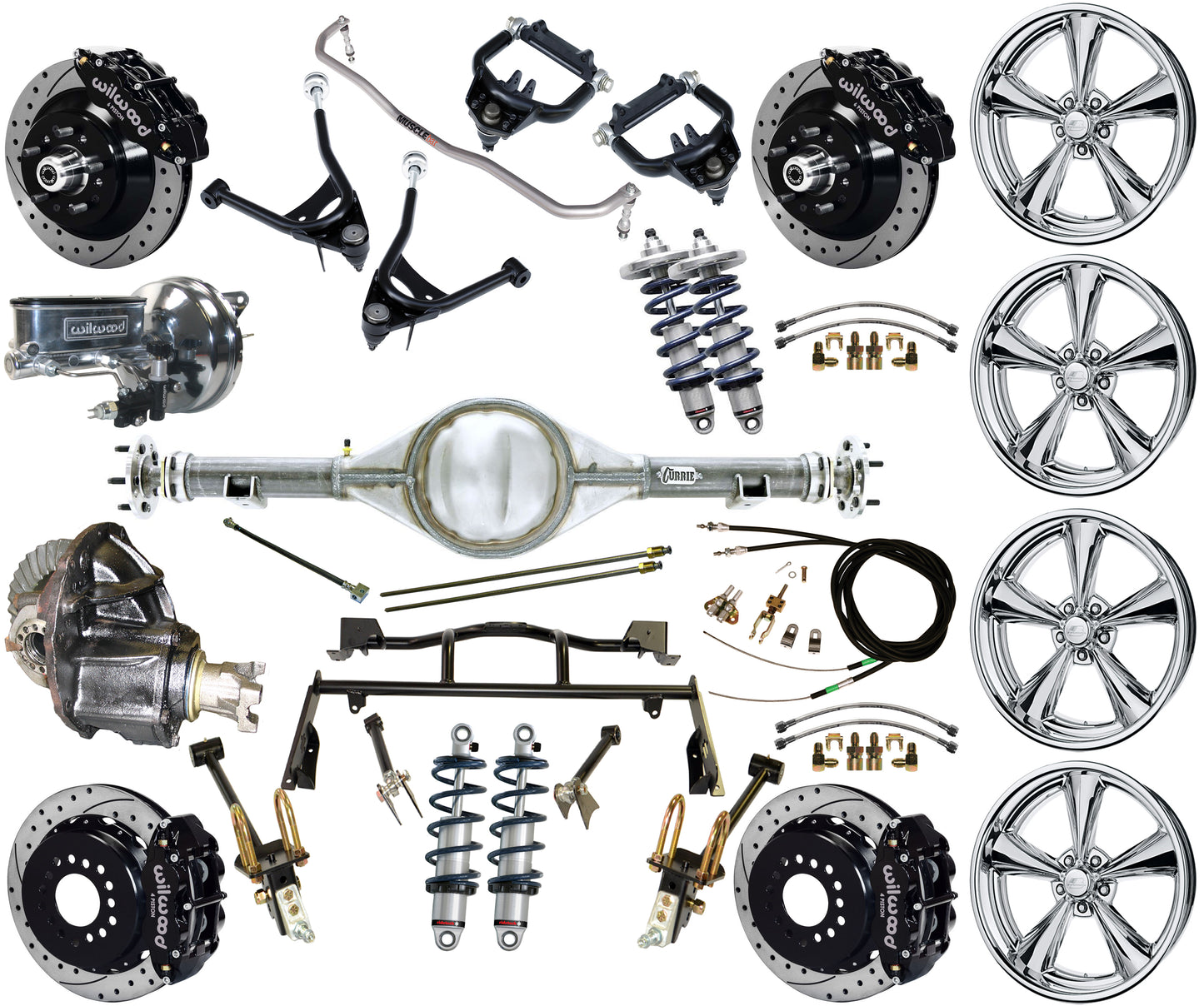 COILOVER & 4-LINK SYSTEM,CURRIE REAR END,WILWOOD 13" DRILLED,BLACK,BSI WHEELS