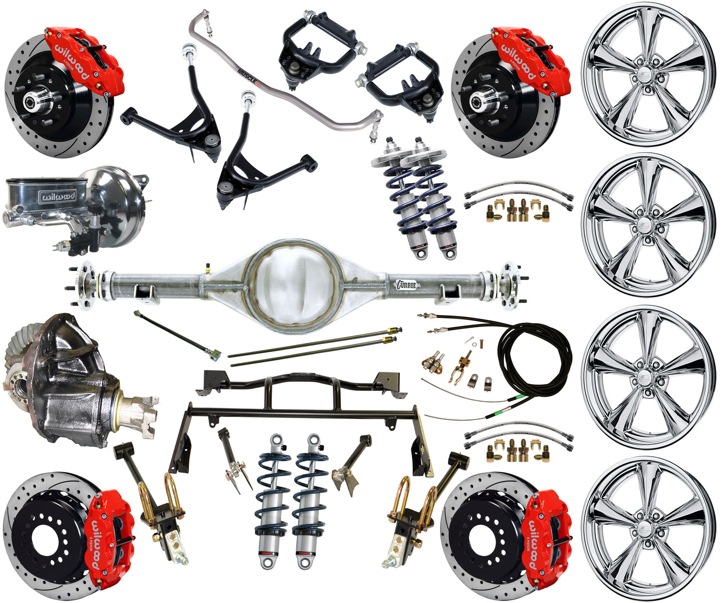 COILOVER & 4-LINK SYSTEM,CURRIE REAR END,WILWOOD 13" DRILLED,RED,BSI WHEELS