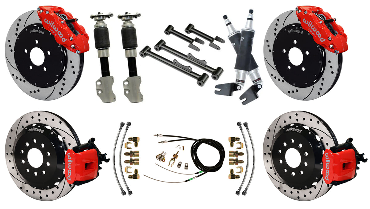 AIR RIDE SYSTEM,CURRIE REAR,WILWOOD BRAKES,14/13" DRILL,RED,94-04 FORD MUSTANG