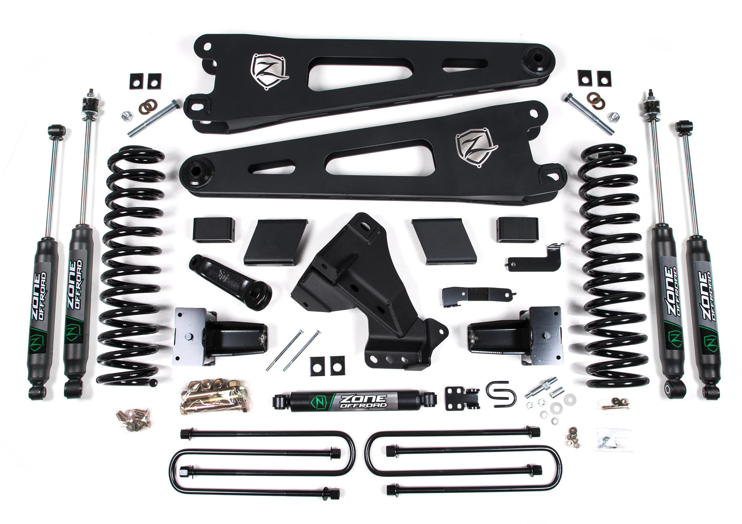 ZONE 2023-2025 F250,F350 4WD GAS 2-LEAF,5" RADIUS ARM LIFT KIT & NITRO SHOCKS