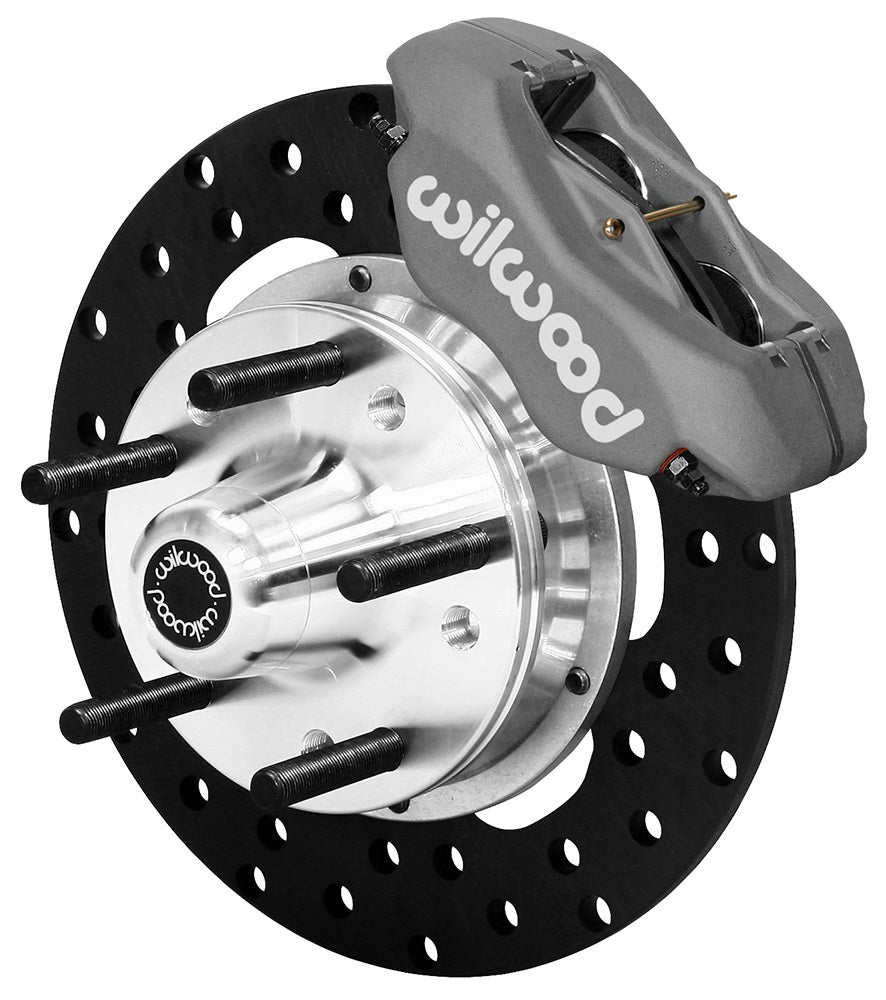 64-74 GM FRONT DRAG DISC BRAKE KIT,10.75" DRILLED ROTORS,4 PISTON BLACK CALIPERS