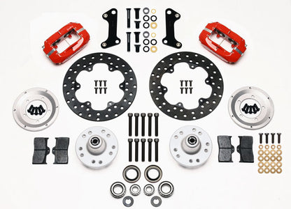 64-74 GM FRONT DRAG DISC BRAKE KIT,10.75" DRILLED ROTORS,4 PISTON RED CALIPERS