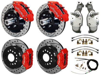 65-70 IMPALA,FULL DISC BRAKE KIT,2" DROP SPINDLES,13"/12" DRILLED,RED