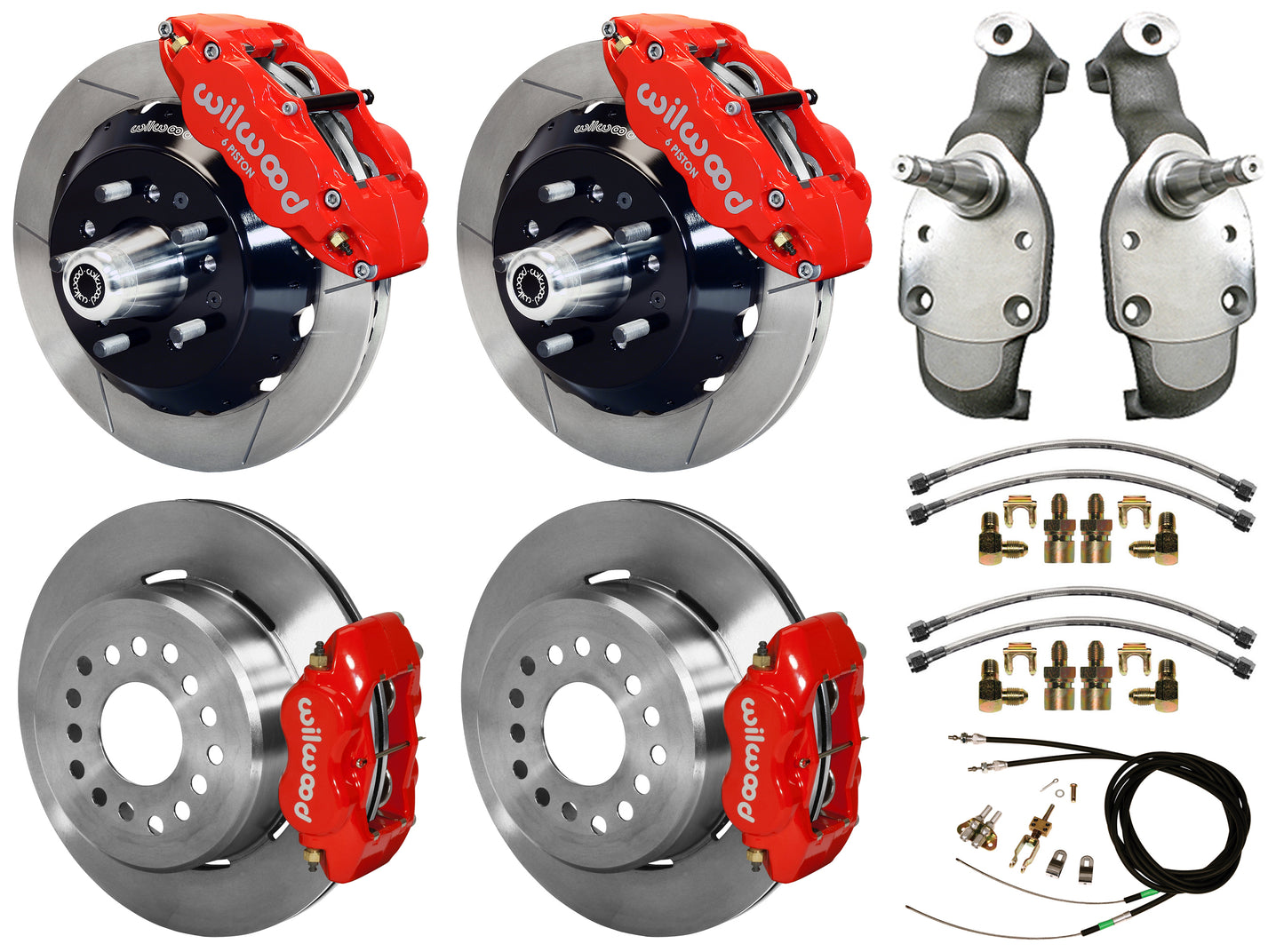 65-70 IMPALA,FULL DISC BRAKE KIT,2" DROP SPINDLES,13"/12" ROTORS,RED