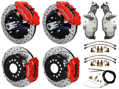 59-64 IMPALA,FULL DISC BRAKE KIT,2" DROP SPINDLES,13"/12" DRILLED,RED