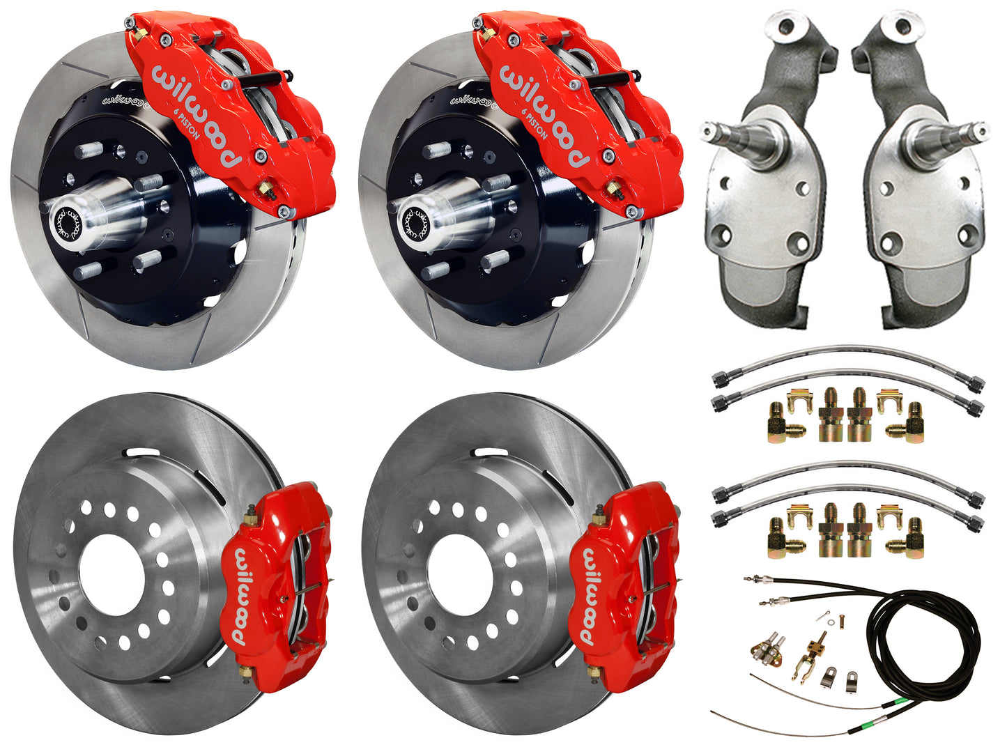59-64 IMPALA,FULL DISC BRAKE KIT,2" DROP SPINDLES,13"/12" ROTORS,RED