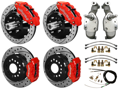 65-70 IMPALA,FULL DISC BRAKE KIT,2" DROP SPINDLES,14"/12" DRILLED,RED