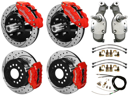 59-64 IMPALA,FULL DISC BRAKE KIT,2" DROP SPINDLES,14"/12" DRILLED,RED