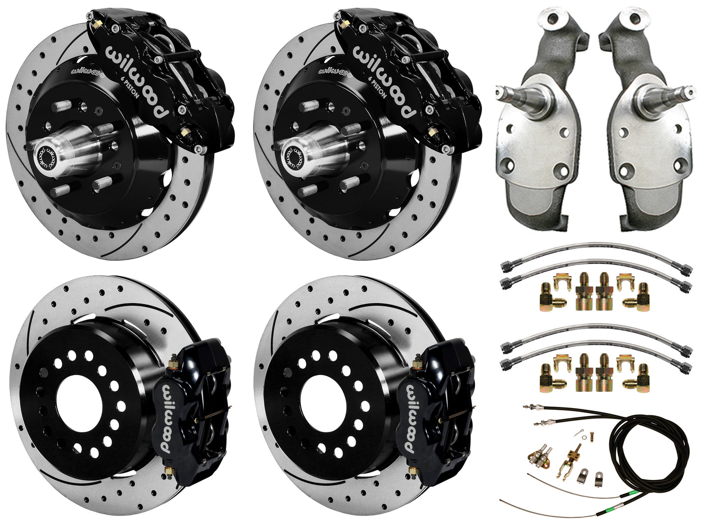 59-64 IMPALA,FULL DISC BRAKE KIT,2" DROP SPINDLES,14"/12" DRILLED,BLACK