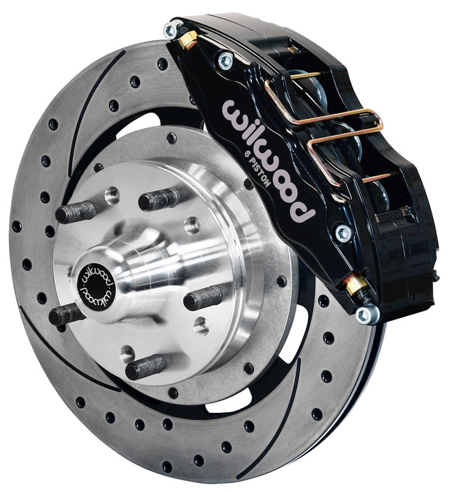 64-74 GM FRONT DISC BRAKE KIT,12.19" DRILLED ROTORS,6 PISTON DYNAPRO BLACK CAL.
