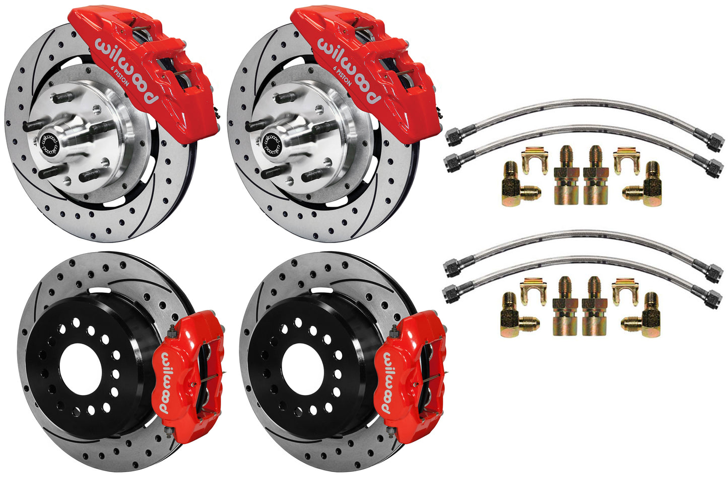 64-74 GM DISC BRAKE KIT,FRONT 6 & REAR 4 PISTON WITH LINES,12.19" DRILLED,RED
