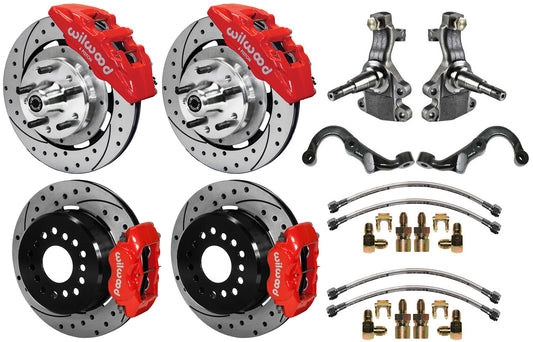 67-69 GM F FULL DISC BRAKE KIT,2" DROP SPINDLES,ARMS,6 PIS. FRONT,12" DRILL,RED