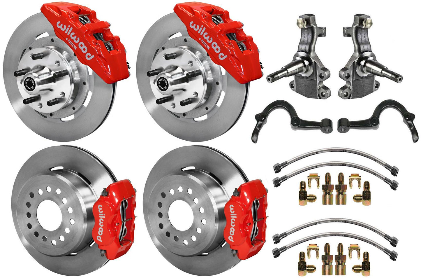 64-72 GM A FULL DISC BRAKE KIT,2" DROP SPINDLES,ARMS,6 PIS. FRONT,12" ROTORS,RED