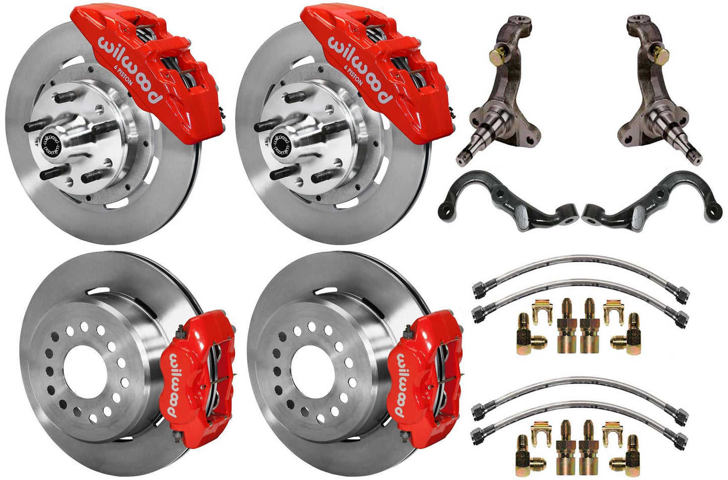 67-69 GM F FULL DISC BRAKE KIT,STOCK SPINDLES,ARMS,6 PIS. FRONT,12" ROTORS,RED